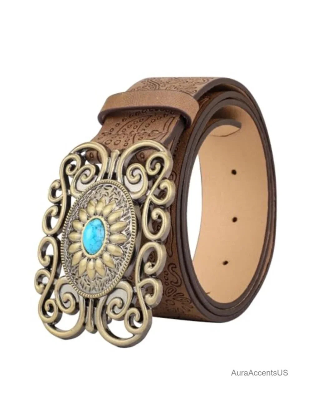 Vintage Western Leather Belt Floral Pattern Turquoise Buckle Country Cowboy